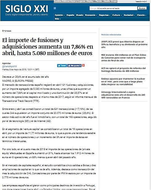 El importe de fusiones y adquisiciones aumenta un 7,86% en abril, hasta 5.080 millones de euros